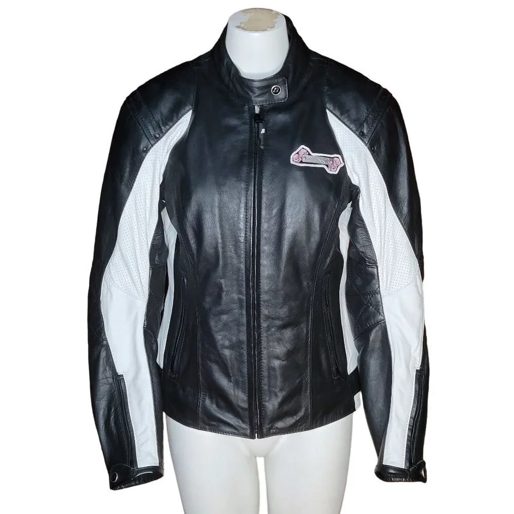 Z1R Nectar Womens LG Black White Leather Motorcycle Jacket Removable Pads Liner - Picture 1 of 14
